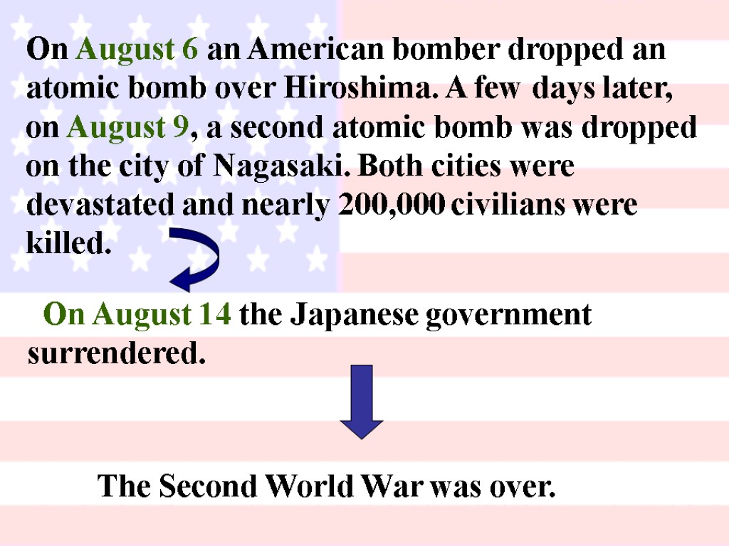 On August 6 an American bomber dropped an atomic bomb over Hiroshima. A few